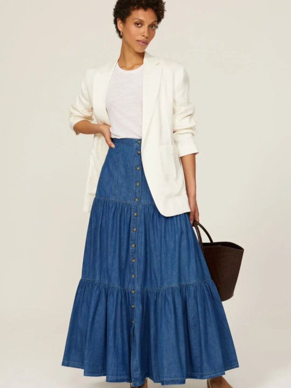 Lauren Ralph Lauren Womens Denim Button-Down Tiered Maxi Skirt Size 0 Blue